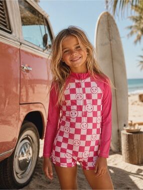 Rash guard One Piece Pink Checkerboard Smiley Face Swimsuit NWT Girl’s Size 5/6